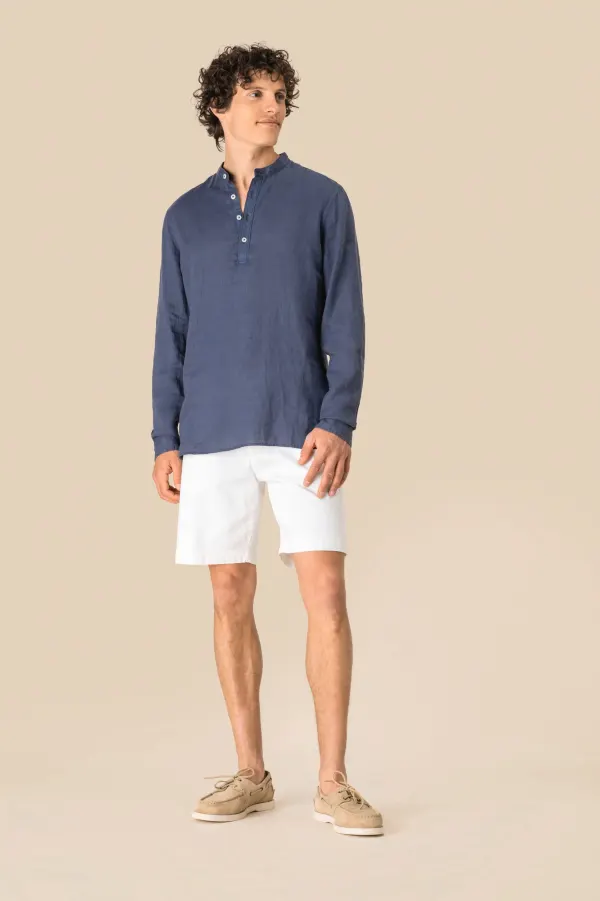 Chemise à col Mao délavée en lin homme porté — vue 1
