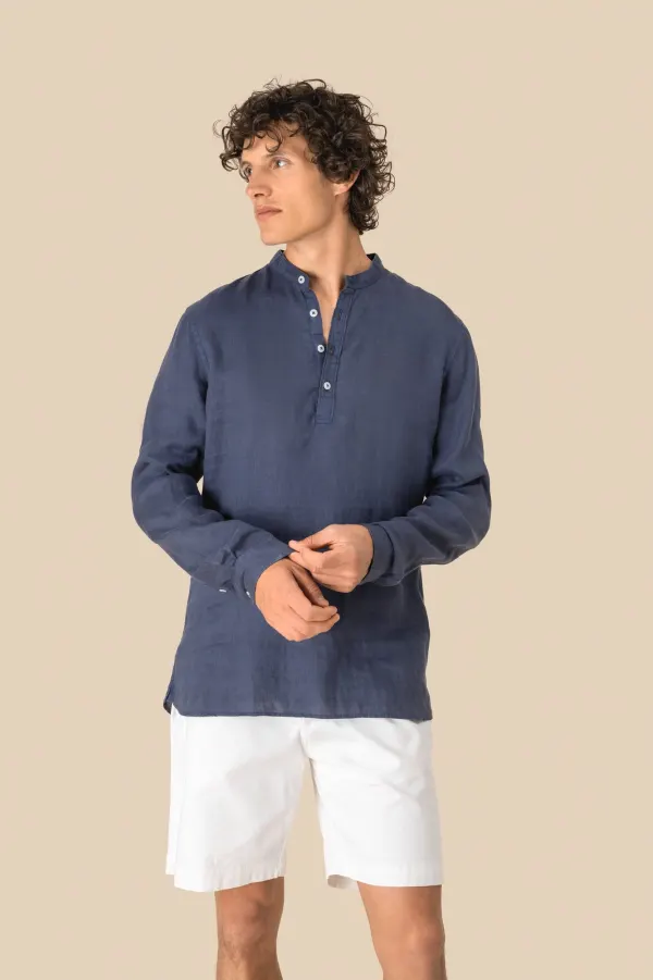 Chemise à col Mao délavée en lin homme porté — vue 2