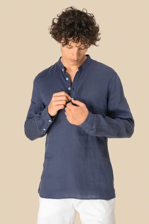 Chemise à col Mao délavée en lin homme porté — vue 3