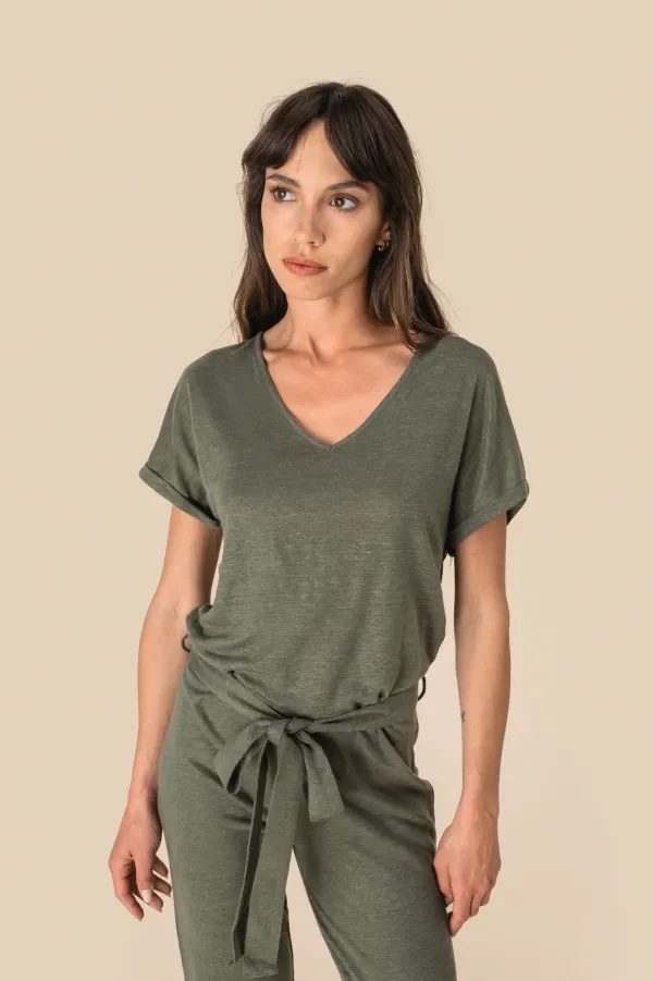 Combinaison en maille manches courtes en lin femme porté — vue 2