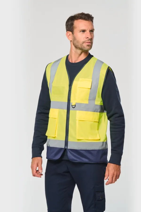 Gilet de sécurité haute visibilité recyclé avec zip unisexe porté — vue 1