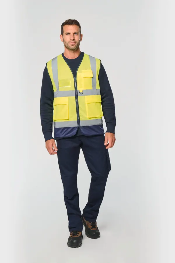 Gilet de sécurité haute visibilité recyclé avec zip unisexe porté — vue 3