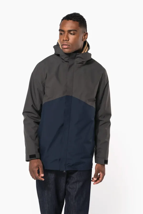 Parka 3-en-1 imperméable à capuche bicolore unisexe porté — vue 2