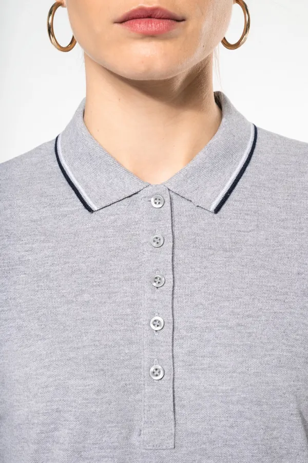Polo maille piquée manches longues femme porté — vue 2