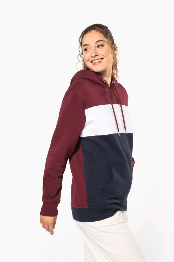 Sweat-shirt tricolore à capuche unisexe porté — vue 1
