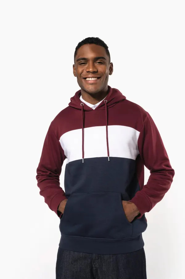 Sweat-shirt tricolore à capuche unisexe porté — vue 3