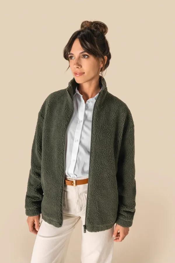 Sweat-shirt zippé à épaules tombantes en sherpa unisexe porté — vue 4
