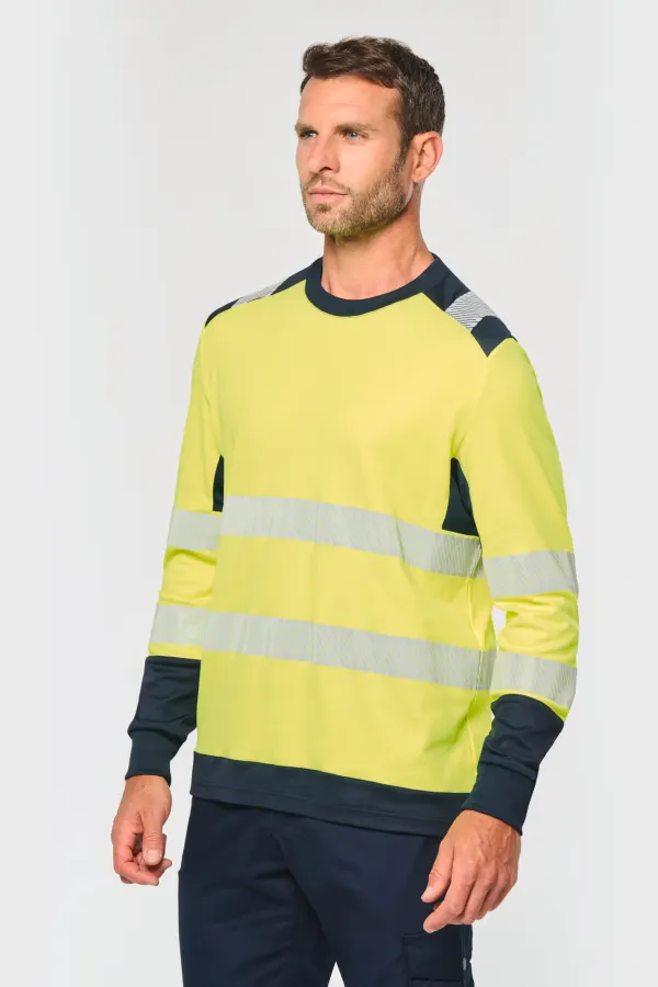 T-shirt de sécurité recyclé col rond manches longues unisexe porté — vue 1