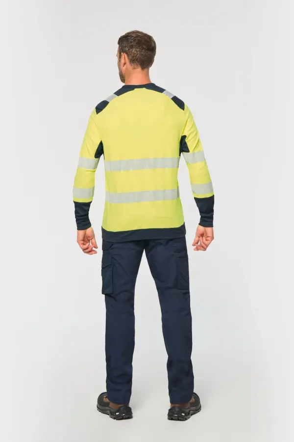 T-shirt de sécurité recyclé col rond manches longues unisexe porté — vue 2