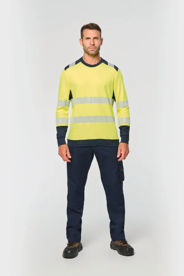 T-shirt de sécurité recyclé col rond manches longues unisexe porté — vue 3