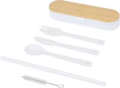 Ensemble de couverts Runa avec couvercle en bambou coloris blanc